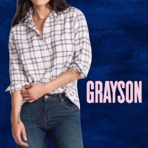 Grayson Anthropologie The Hero Feathered Flannel Shirt Pink Melange Plaid 02 S